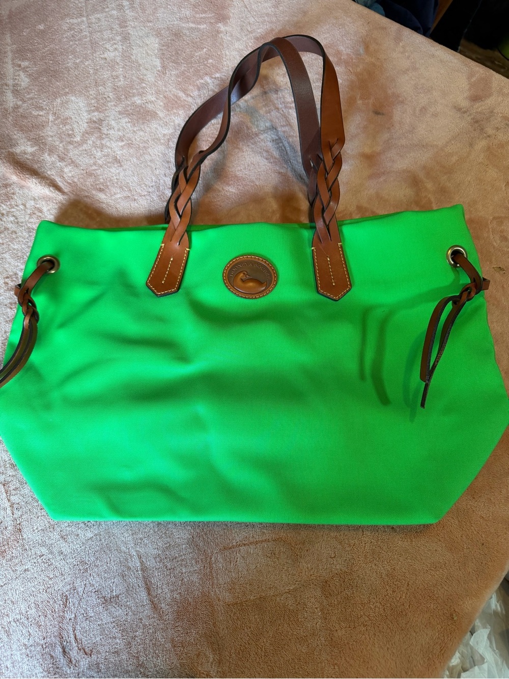 Dooney & Bourke Green Tote with Brown Leather Handles
